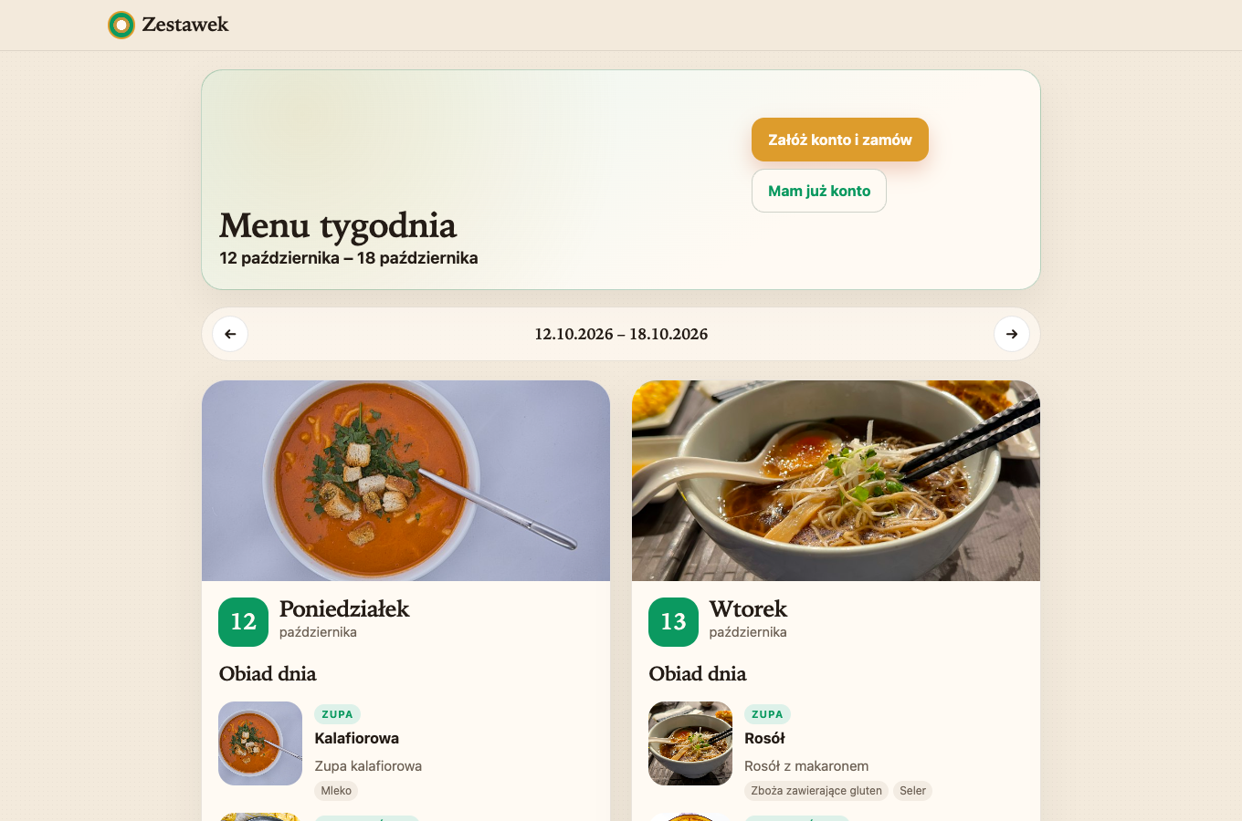 Menu tygodnia widoczne dla klienta