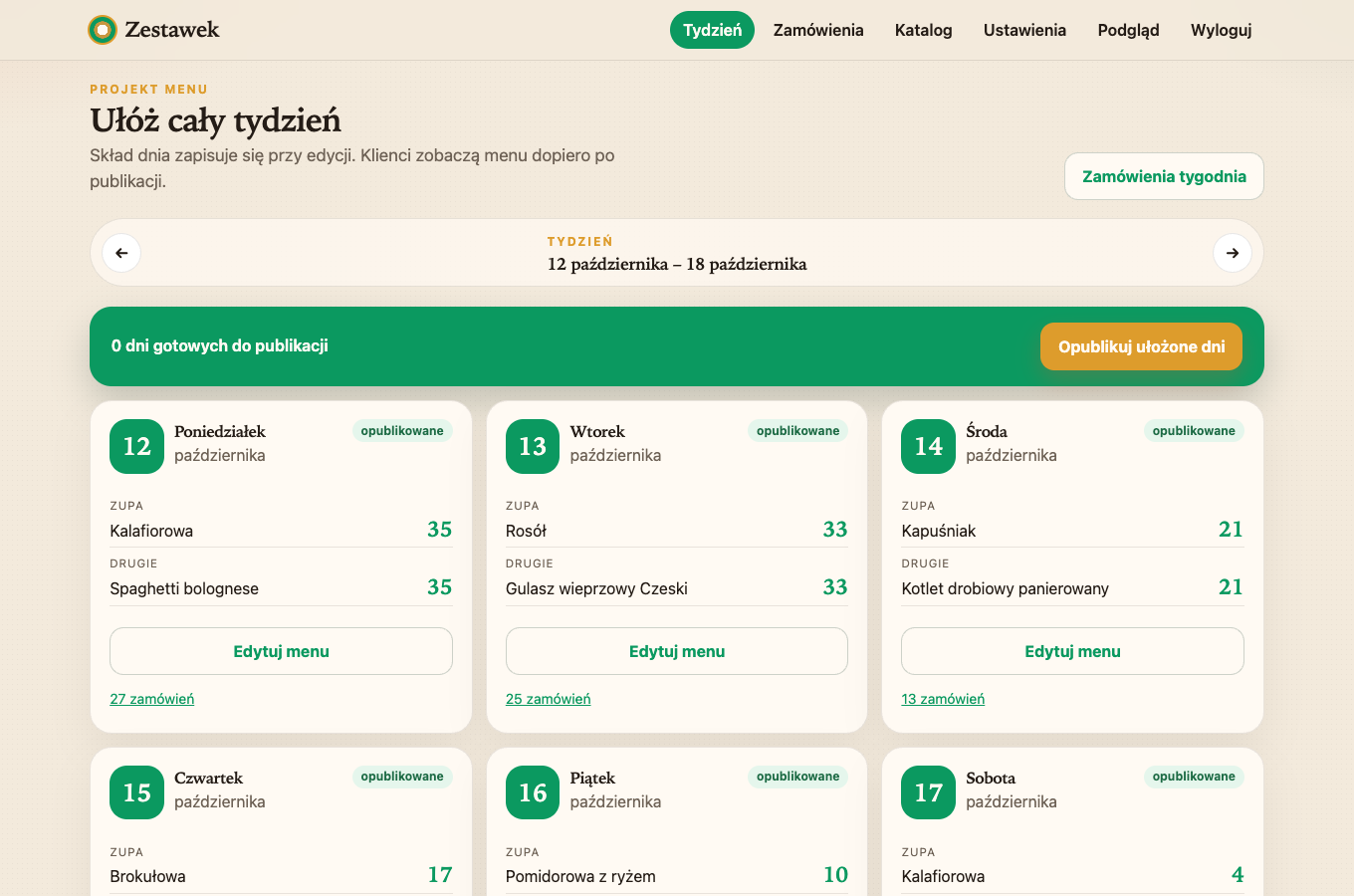 Panel układania menu tygodnia w Zestawku